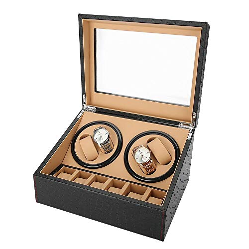 gegeweeret 4+6 PU Leather Automatische Uhr Winder Display Box Lagerung Holzkoffer Container, 30.5x23.5x18cm Automatik Uhrenbeweger für Herren und Damenuhren (Straußenmuster) von gegeweeret