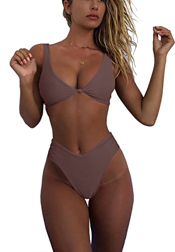 geluboao Bikini-Set für Damen, solider V-Ausschnitt, Knoten, vorne, Push-Up, hohes Bein, zweiteiliger Badeanzug, Kaffee, Medium von geluboao