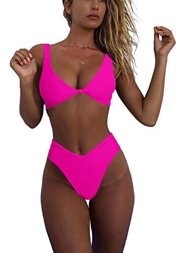 geluboao Damen-Bikini-Set, hohe Taille, sexy, V-Ausschnitt, Knoten, vorne, Push-Up, frecher, hoher Schnitt, Bikini, zweiteiliger Badeanzug, Rose, Medium von geluboao