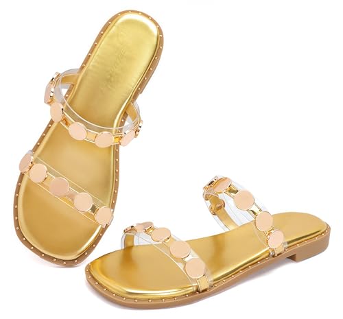 geluboao Sandalen für Damen, offener Zehenbereich, zwei Riemen, modisch, Metall, rund, flach, für den Sommer, Größe 39-45, Gold, 41 EU geluboao Sandalen für Damen, offener Zehenbereich, zwei Riemen, modisch, Metall, rund, flach, für den Sommer, Größe 39-45, Gold, 41 EU von geluboao