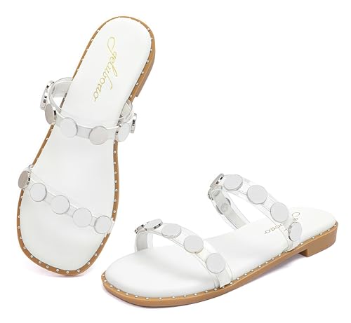 geluboao Sandalen für Damen, offener Zehenbereich, zwei Riemen, modisch, Metall, rund, flach, für den Sommer, Größe 39-45, Weiss/opulenter Garten, 41 EU geluboao Sandalen für Damen, offener Zehenbereich, zwei Riemen, modisch, Metall, rund, flach, für den Sommer, Größe 39-45, Weiss/opulenter Garten, 41 EU von geluboao