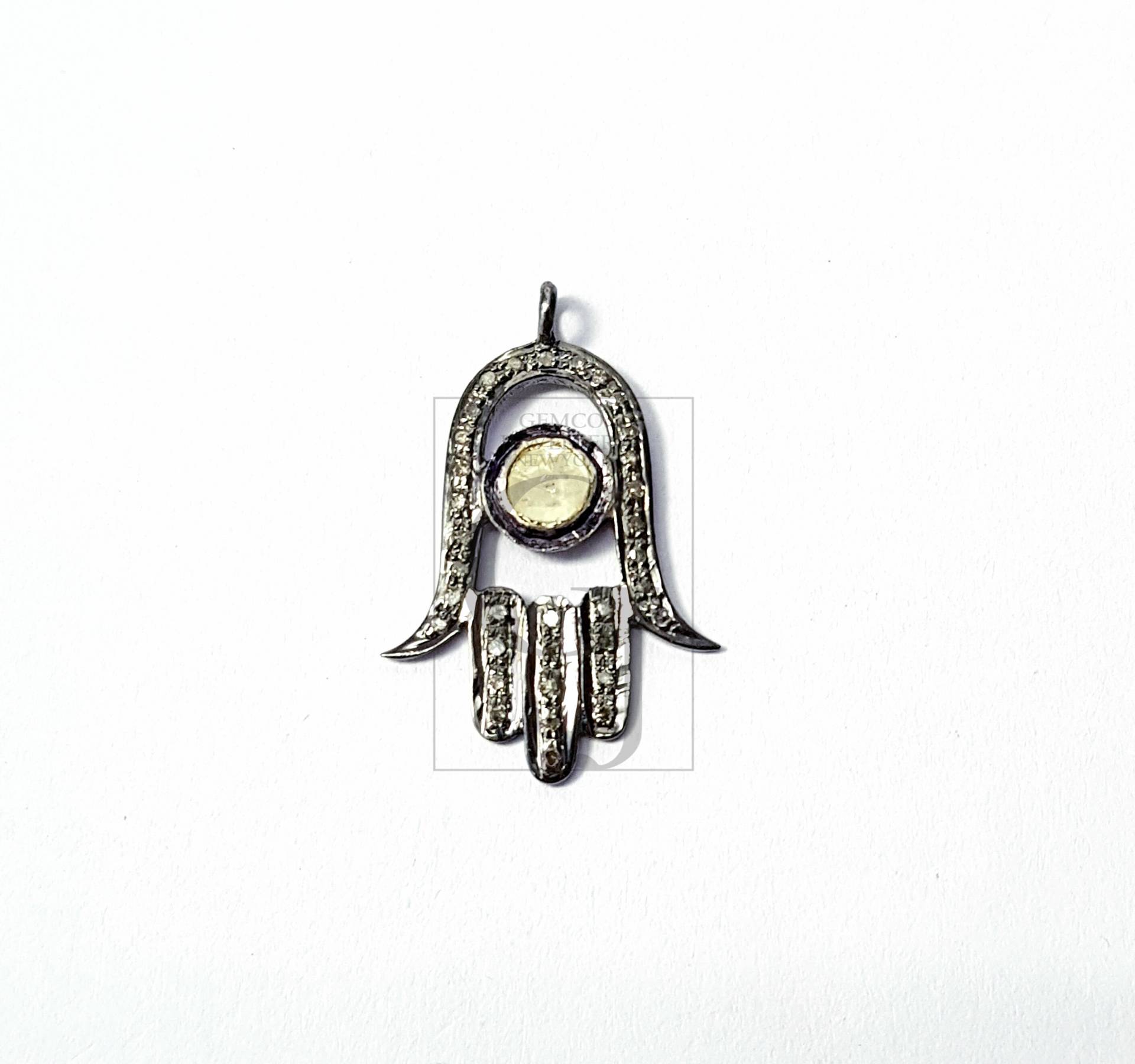 Handgefertigte Pave Diamant Hamsa Anhänger Rosecut 925 Sterling Silber Charm Anhänger von gemcojewelrynewyork