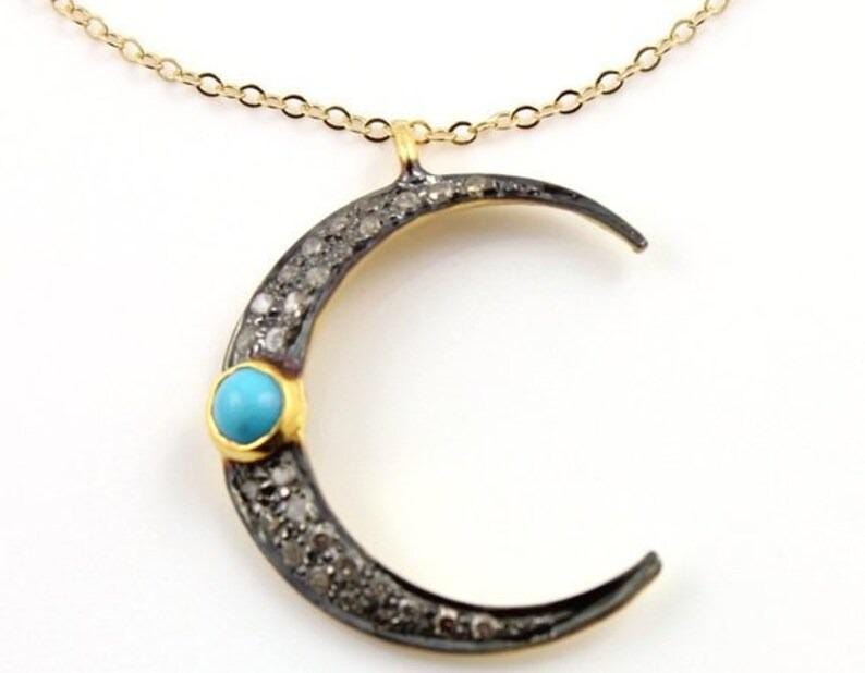 Handgemachte Pave Diamant Mond Anhänger Türkis Sterling Silber Charm von gemcojewelrynewyork