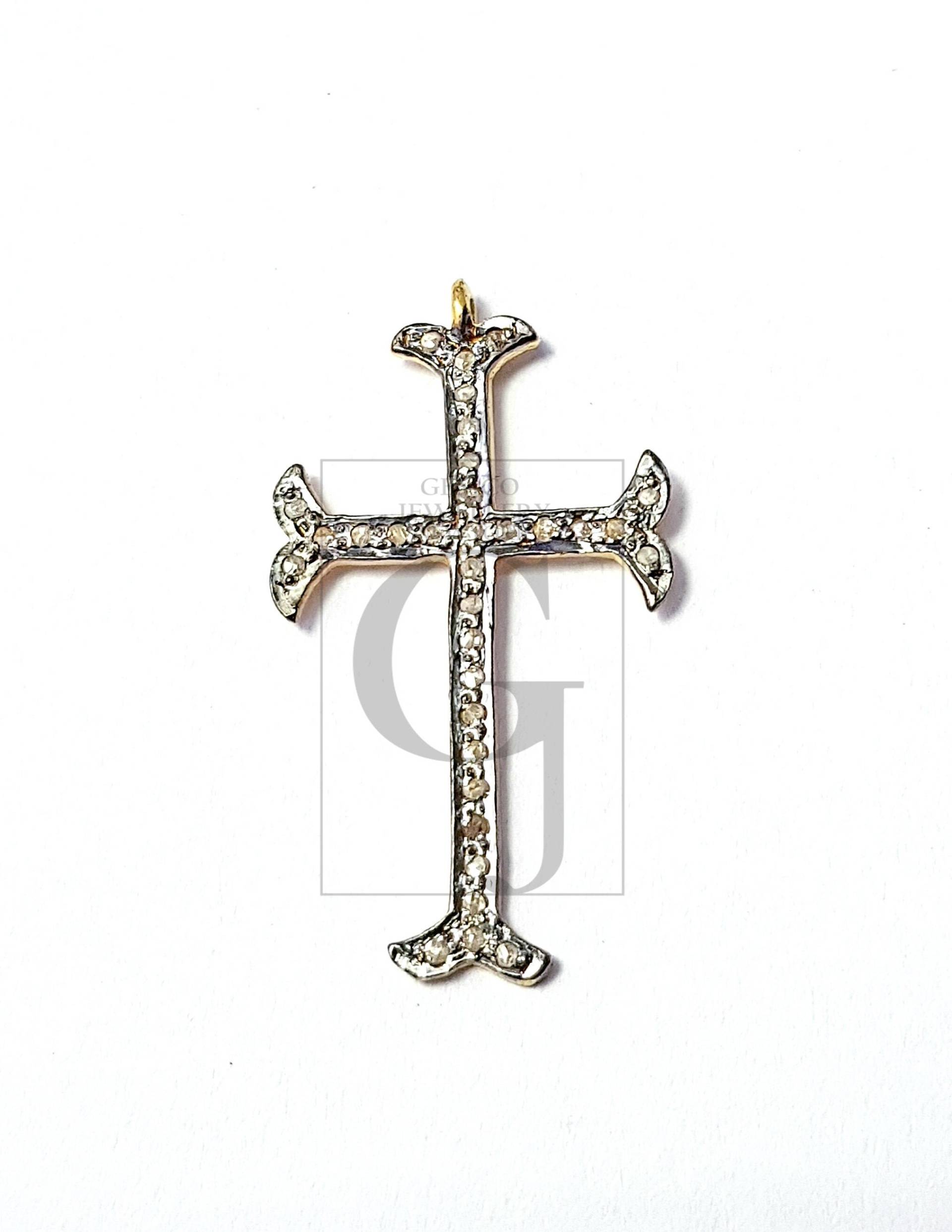 Pave Diamant Kreuz Anhänger Handgemachter Sterling Silber Mit Rosenschliff von gemcojewelrynewyork