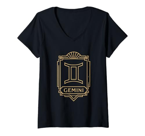 Damen Gemini Art Deco Sternzeichen Grafik T-Shirt mit V-Ausschnitt Damen Gemini Art Deco Sternzeichen Grafik T-Shirt mit V-Ausschnitt von gemini zodiac art deco twin sign air sign