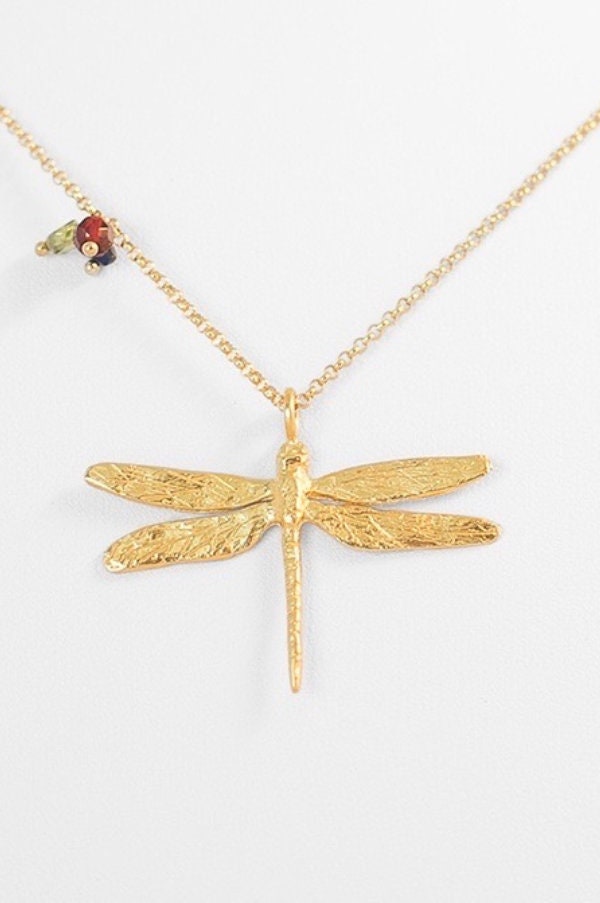 Großer Libellenanhänger. Große Libellenkette. Libellenanhänger Aus Vergoldetem Silber. Vergoldete von gemmaferran