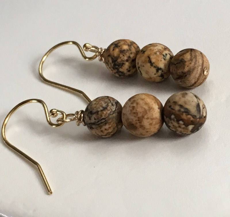 Matte Bild Jaspis Ohrringe, Halbedelsteine 14K Gold Filled Tan Brown Ohrringe Trios Perlen Ohrring Auf Bestellung Gefertigt Matte Bild Jaspis Ohrringe, Halbedelsteine 14K Gold Filled Tan Brown Ohrringe Trios Perlen Ohrring Auf Bestellung Gefertigt von gemsbytheshore
