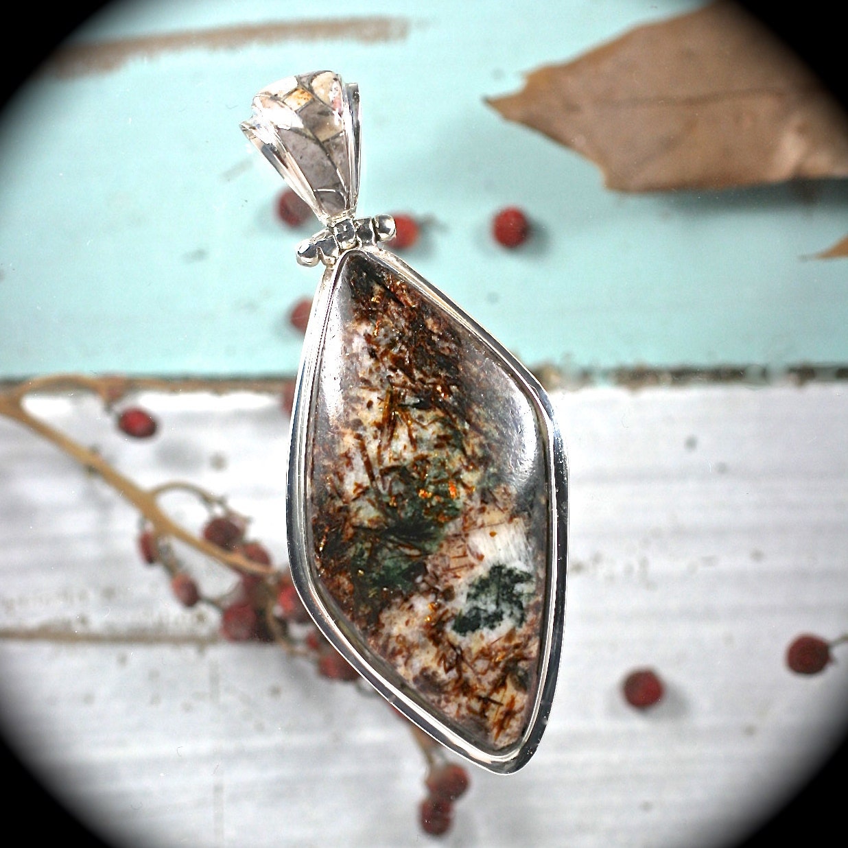 Astrophylit Sterling Silber Freiform Anhänger Mit Eingelegten Kaution 72x29mm von gemsjewelryshop