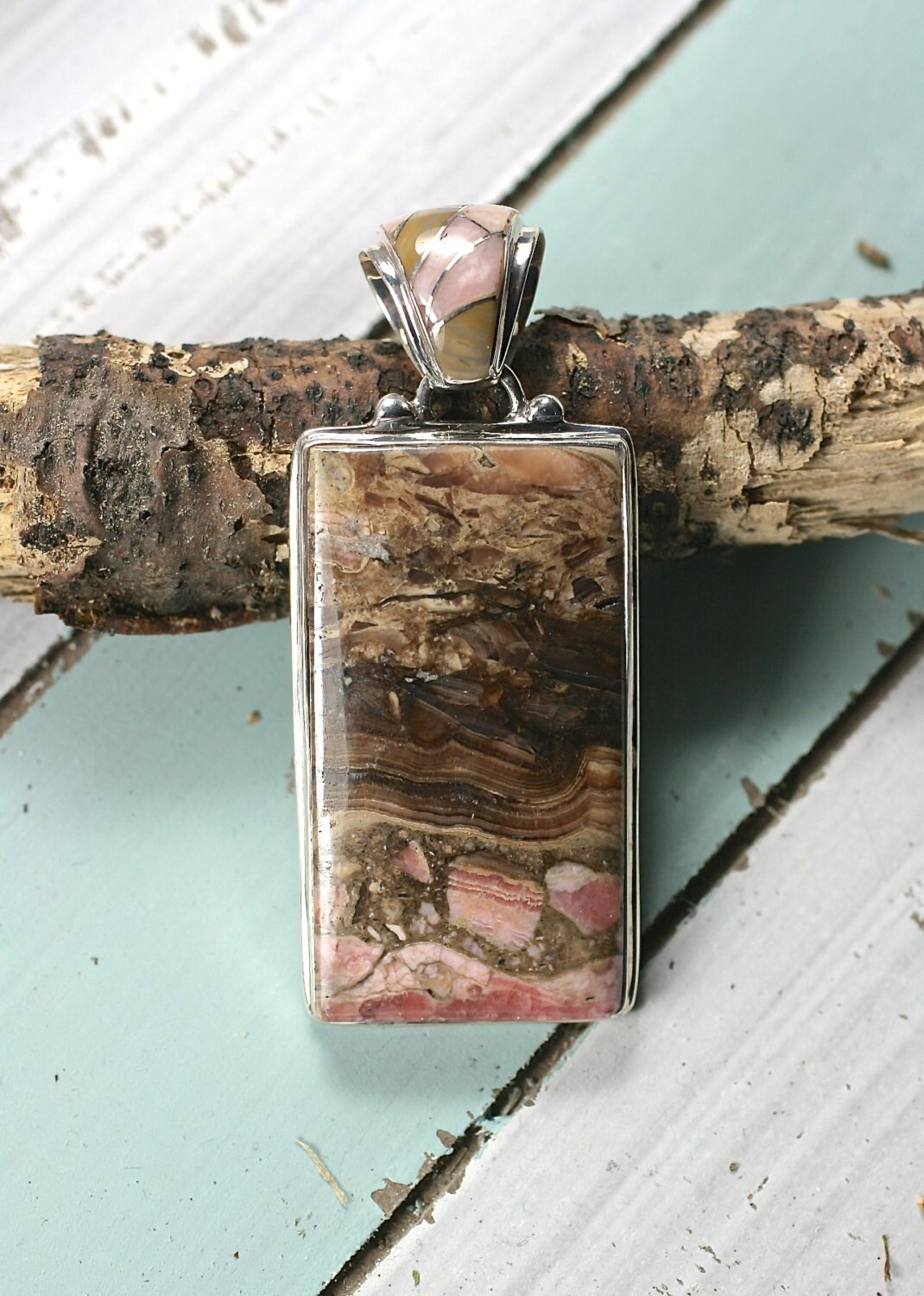 Rhodochrosit Sterling Silber Anhänger 50x28mm Mit Inlay-Ösen von gemsjewelryshop