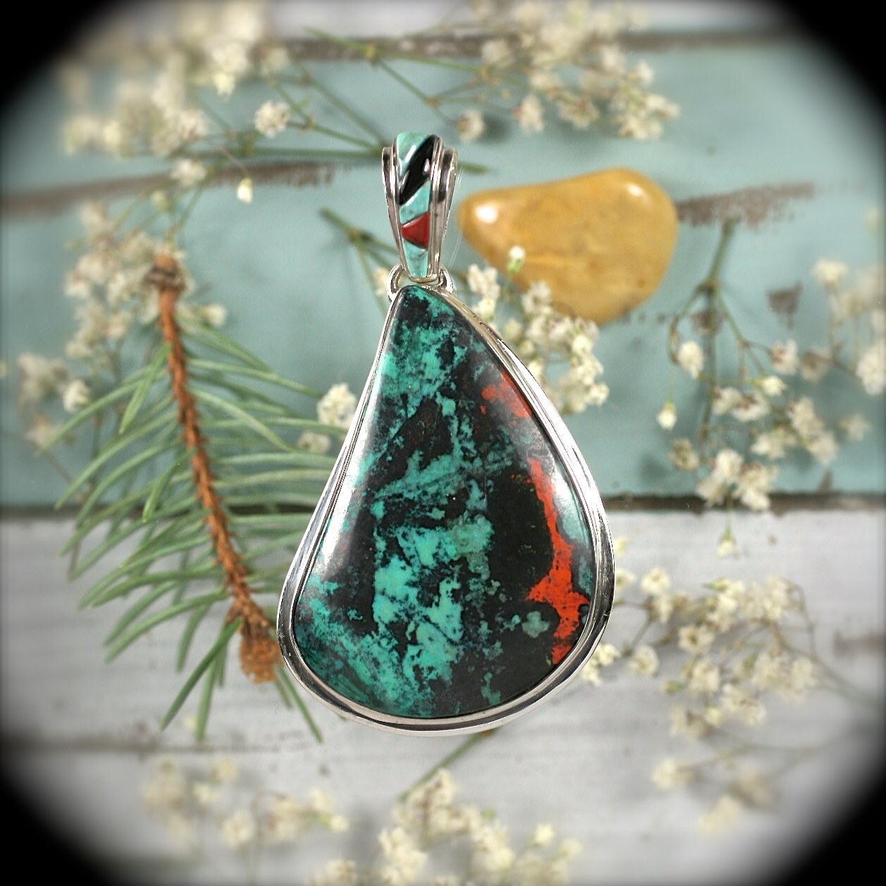 Sonora Chrysocolla Sterling Silber Anhänger Mit Eingelegten Kaution 65x37mm von gemsjewelryshop