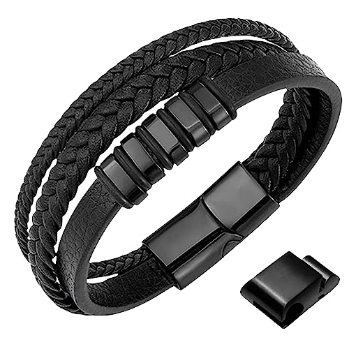 genac Armband für Herren aus hochwertigem Echtleder und Edelstahl mit abnehmbarem Magnetverschluss zum einfachen Einstellen der Länge des Schmucks, perfekt für eine tolle Geschenkidee (Schwarz) genac Armband für Herren aus hochwertigem Echtleder und Edelstahl mit abnehmbarem Magnetverschluss zum einfachen Einstellen der Länge des Schmucks, perfekt für eine tolle Geschenkidee (Schwarz) von genac