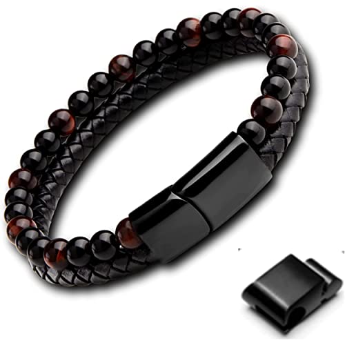 genac Originelles Armband für Männer aus Natursteinperlen 6 mm und echtem Leder mit abnehmbarem Magnetverschluss aus Edelstahl zum einfachen Einstellen der Länge., 22 cm, Stein Edelstahl Leder genac Originelles Armband für Männer aus Natursteinperlen 6 mm und echtem Leder mit abnehmbarem Magnetverschluss aus Edelstahl zum einfachen Einstellen der Länge., 22 cm, Stein Edelstahl Leder von genac