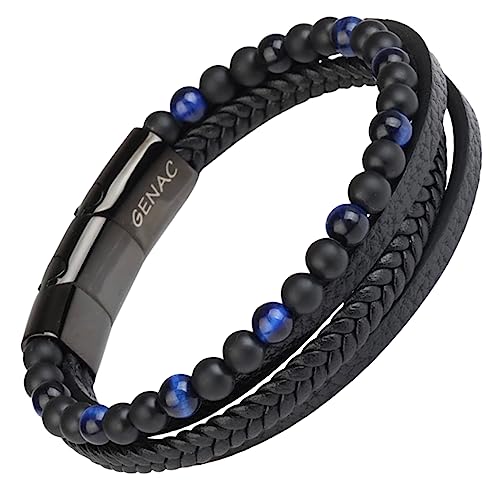 genac Neuf Herrenarmband aus 6mm Natursteinperlen und Echtleder Hochwertiges, mehrfach gewebtes Leder mit abnehmbarem Magnetverschluss aus Edelstahl zur einfac (Blau) von genac