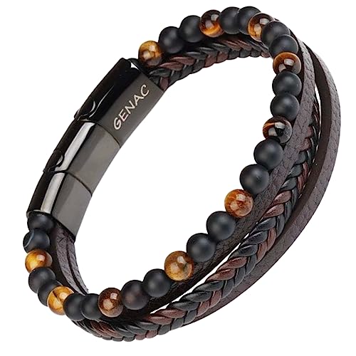 genac Neuf Herrenarmband aus 6mm Natursteinperlen und Echtleder Hochwertiges, mehrfach gewebtes Leder mit abnehmbarem Magnetverschluss aus Edelstahl zur einfac (Braun) von genac