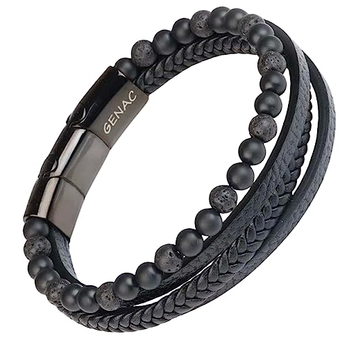 genac Neuf Herrenarmband aus 6mm Natursteinperlen und Echtleder Hochwertiges, mehrfach gewebtes Leder mit abnehmbarem Magnetverschluss aus Edelstahl zur einfac (Schwarz) von genac