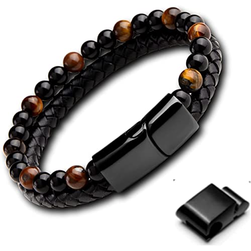 genac Originelles Armband für Männer aus Natursteinperlen 6 mm und echtem Leder mit abnehmbarem Magnetverschluss aus Edelstahl zum einfachen Einstellen der Länge., 22 cm, Stein Edelstahl Leder genac Originelles Armband für Männer aus Natursteinperlen 6 mm und echtem Leder mit abnehmbarem Magnetverschluss aus Edelstahl zum einfachen Einstellen der Länge., 22 cm, Stein Edelstahl Leder von genac