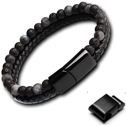 genac Originelles Armband für Männer aus Natursteinperlen 6 mm und echtem Leder mit abnehmbarem Magnetverschluss aus Edelstahl zum einfachen Einstellen der Länge., 22 cm, Stein Edelstahl Leder genac Originelles Armband für Männer aus Natursteinperlen 6 mm und echtem Leder mit abnehmbarem Magnetverschluss aus Edelstahl zum einfachen Einstellen der Länge., 22 cm, Stein Edelstahl Leder von genac