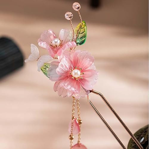 1 Stück Rabithenn Haarnadel im chinesischen Hanfu-Stil, rosa Pfirsichblüte mit Blättern und Quaste, handgefertigte Haarspange aus Kunstharz für Frauen und Mädchen mit langem Haar von generic