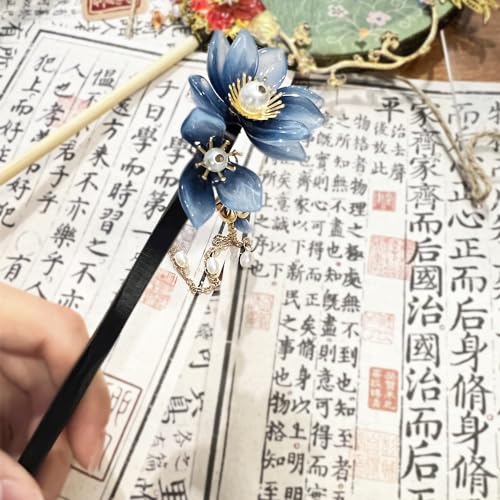 1 Stück Rabithenn Haarnadel mit blauer Lotusblume, chinesischer Hanfu-Stil, Haargabel, Retro-Blume für Frauen und Mädchen mit langem Haar (Blauer Lotus) von generic