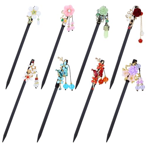 8 Stück Retro Asiatisch Chinesisch Traditionell Hanfu Schmetterling Blume Holz Haarnadeln mit Perlenanhängern Haarstäbchen Gabeln Dutt Hochsteckfrisurhalter für Frauen Mädchen von generic