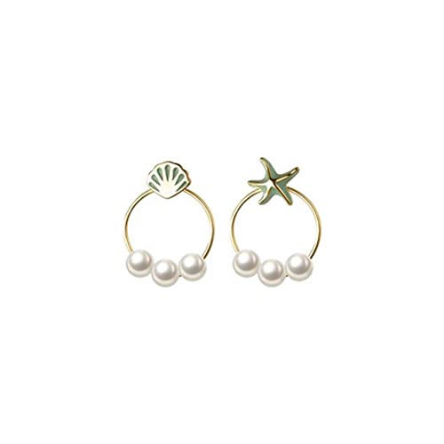 925er Silberring, S925 Silber Seestern-Muschel-Ohrringe, asymmetrischer Ring, Muschelperlen, goldene Kunstperlen-Ohrringe (Farbbezeichnung: Gold, Größe: 925er Silber) von generic