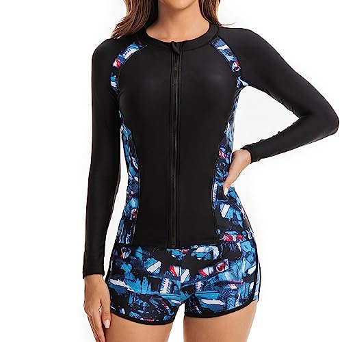 Badeanzüge Für Damen Lange Einteiliger Rashguard mit langen Ärmeln, gepolsterter Badeanzug mit Reißverschluss vorne und integriertem BH an der Unterseite Badeanzug Mit Beinen Und Armen (Blue, XL) von generic