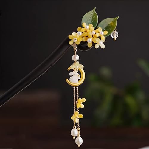 Chinesische Hanfu- und Haarmode im Retro-Stil mit Blume aus Metall, handgefertigte Haarspange, Haarschmuck für Frauen und Mädchen mit langem Haar (Mondkaninchen) von generic