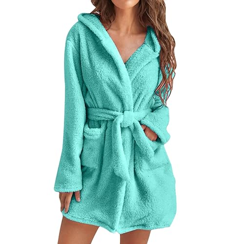 Damen Bademantel Fleece mit Kapuze Leicht Pyjama Weich Plüsch Kurze Morgenmantel Flanell Fleece Nachtwäsche Fleece Weich Loungewear Kapuzenbademantel (Mint Green, M) von generic