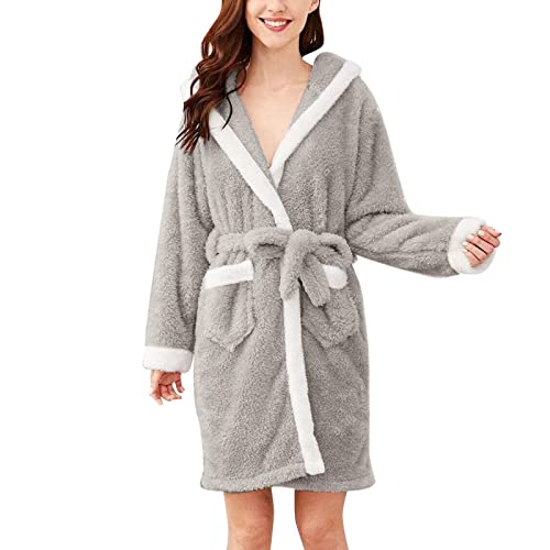 Damen Bademantel Kapuzen Flauschig Leichter Pyjama Warmer Langer Flanell Nachtwäsche Hasenohren Fleece Kapuzen Morgenmantel Übergrößen Nachthemd Kapuzenbademantel (Grey, S) von generic