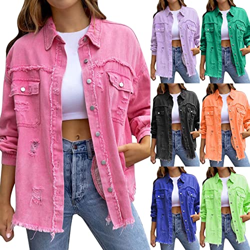 Damen Jeansjacke Oversize Casual Vintage Jeanshemd Pink Lang Winter Cowboy Jacke Stretch Weich Orange Jacken Jeansjacken Jean Mantel (0-Pink, L) von generic