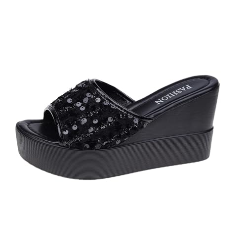 Damen Mules mit hohem Blockabsatz Damen Sandalen Sommer Plateau Glitzer Pantoletten Strass Keilabsatz Strandschuhe mit Kork-Fußbett Schlappen Slipper Sandalen Damen Mit Absatz von generic