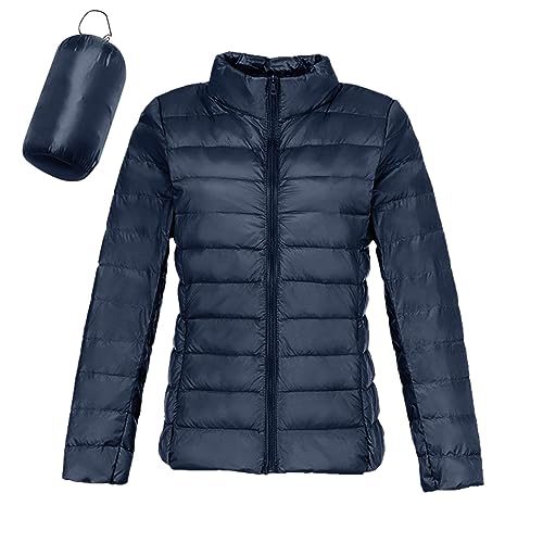 Daunenjacke,Warme, leichte Damenjacke, kapuzenloser, winddichter Wintermantel mit recycelter Isolierung, schmaler, kurzer Wintermantel mit Kapuze, warmer weißer Outdoor Jacken Für Damen (Navy, S) von generic