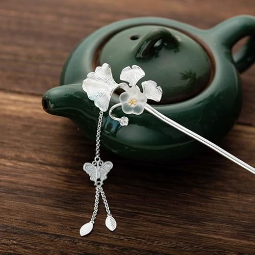 Ginkgoblatt mit Jade und Schmetterlingsquaste, silberne Haarnadel, chinesischer Hanfu-Stil, Haarspange, Haarschmuck für Frauen (Ginkgoblatt) von generic