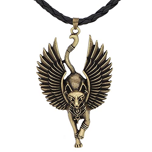 Halskette Herren, Alte Ägyptische Bastet Katze Göttin Anhänger Leder Halskette, Unisex Ägypten Sphinx Katze Mit Flügel Heidnischen Schutz Amulett Schmuck (Farbe: Bronze) von generic