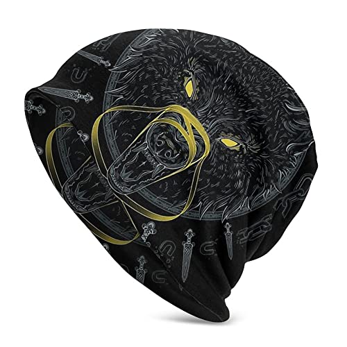 Halskette Herren, Viking Celtic Wolf Tattoo Beanie-Mütze for, Nordischer Mythos Odin Fenrir 3D Gedruckte Dünne Mütze Slouchy Cap, Outdoor Adult Fashion Vintage Double Layer Protection Headwraps von generic