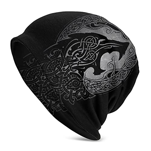 Halskette Herren, Viking Celtic Wolf Tattoo Beanie-Mütze for, Nordischer Mythos Odin Fenrir 3D Gedruckte Dünne Mütze Slouchy Cap, Outdoor Adult Fashion Vintage Double Layer Protection Headwraps von generic
