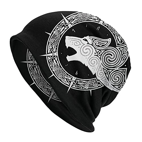 Halskette Herren, Viking Celtic Wolf Tattoo Beanie-Mütze for, Nordischer Mythos Odin Fenrir 3D Gedruckte Dünne Mütze Slouchy Cap, Outdoor Adult Fashion Vintage Double Layer Protection Headwraps von generic