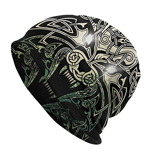 Halskette Herren, Viking Celtic Wolf Tattoo Beanie-Mütze for, Nordischer Mythos Odin Fenrir 3D Gedruckte Dünne Mütze Slouchy Cap, Outdoor Adult Fashion Vintage Double Layer Protection Headwraps von generic
