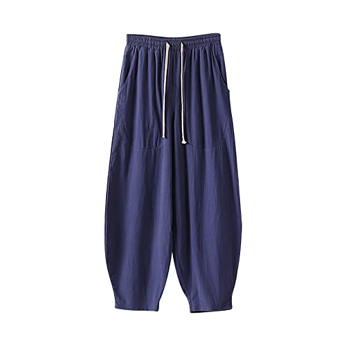 Herren Sommer Loose Lässige Leinenhose mit Taschen Elastischer Bund Herren Haremshose Herren Leinenhose Lang Leicht Loose Fit Freizeithose Sommerhose Mit Kordelzug Baggy Hose von generic