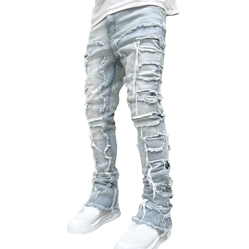 Herren Zerrissene Jeans Hose Slim Fit Denim Lange Jeanshose für Männer Coole Jungen Stretch Freizeithose Hop Hop Destroyed Jeans Hosen Zerrissene Jeans Blau Vintage Freizeithose von generic