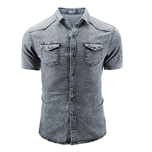 Jeanshemd Herren Kurzarm Jeanshemd Herren Freizeithemd Bügelfrei Regular Fit Vintage Western Hemd Herren Kurzarm Herren Hemd Kurzarm Freizeithemd mit Tasche Regular fit Businesshemd von generic