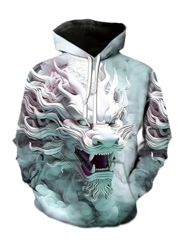 Kapuzenpullover Für Herren Mit Drache-Print – Herren Halloween Drache Print Hoodie – Lässiges Langarm-Kapuzensweatshirt S-6XL (Cyan,S) von generic
