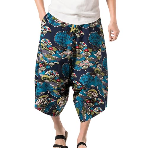 Kurze Haremshose Herren Baumwolle Aladinhose Herren Shorts Hippie Kurz Sommerhose Herren Kurze Goa Hose Männer Plus Größe Mode Shorts Chinesischen Stil Shorts Harlan Low Rise (Blue-A, XXL) von generic
