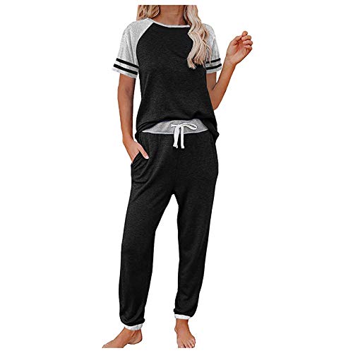 Loungewear Set Damen Casual Elegant Lockere Hosenanzüge Weich Lässig Relaxed Fit Hausanzug Komfort Farbkombination Streifen Sleepwear Kurz Shirt und mit Kordelzug Hose Herbst Winter (Black, XL) von generic