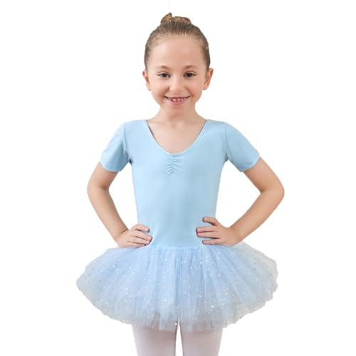 Mädchen Ballett Trikots mit Tüllkleid Kurzarm Kurzarm Back Ballet Dance Kleid Tutu umfließt Giesel glänzend Kleid von generic