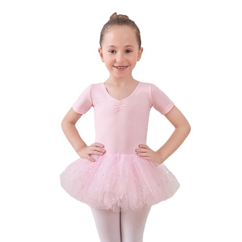 Mädchen Ballett Trikots mit Tüllkleid Kurzarm Kurzarm Back Ballet Dance Kleid Tutu umfließt Giesel glänzend Kleid von generic