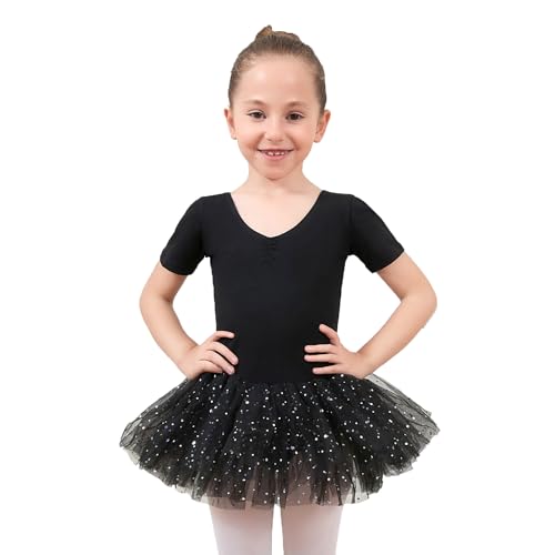 Mädchen Ballett Trikots mit Tüllkleid Kurzarm Kurzarm Back Ballet Dance Kleid Tutu umfließt Giesel glänzend Kleid von generic
