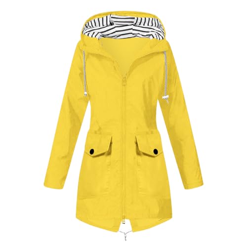 Regenjacke Damen Wasserdicht Atmungsaktiv mit Kapuze Regenponcho Leichte Langarm Reißverschluss Regenmantel Outdoor Camping Wandern Reisen Radfahren Regencape Outdoorjacke Windbreaker (Yellow, L) von generic