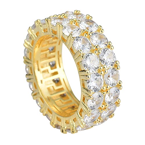 Ringschmuck, Herren- und Damenring mit 8 mm zweireihigem Zirkonia – 18 Karat vergoldeter Bling Iced Out Hip Hop Ring – handgefertigter Bandring mit simuliertem Diamanten (Farbe: Gold, Größe: 12) von generic