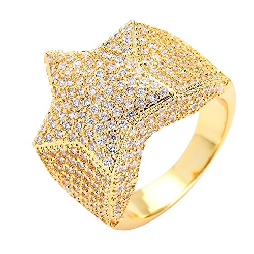 Ringschmuck, Hip-Hop-Bling-Pentagramm-Zirkonring – 14 Karat vergoldeter Iced Out CZ-Simulationsdiamant-3D-Sternring – handgefertigter Rapper-Männer-Frauen-Street-Rock (Farbe: Gold, Größe: 08) von generic